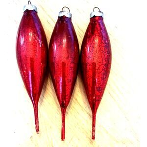 3 VTG Teardrop Icicle Finial Ruby Red Mercury Glass Xmas Ornaments 5” USA 40s